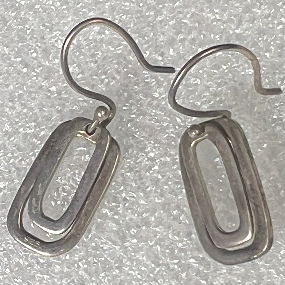 Vintage Sterling Silver Earrings Hook Rectangular Double Minimalist Drop 2.8g 1"